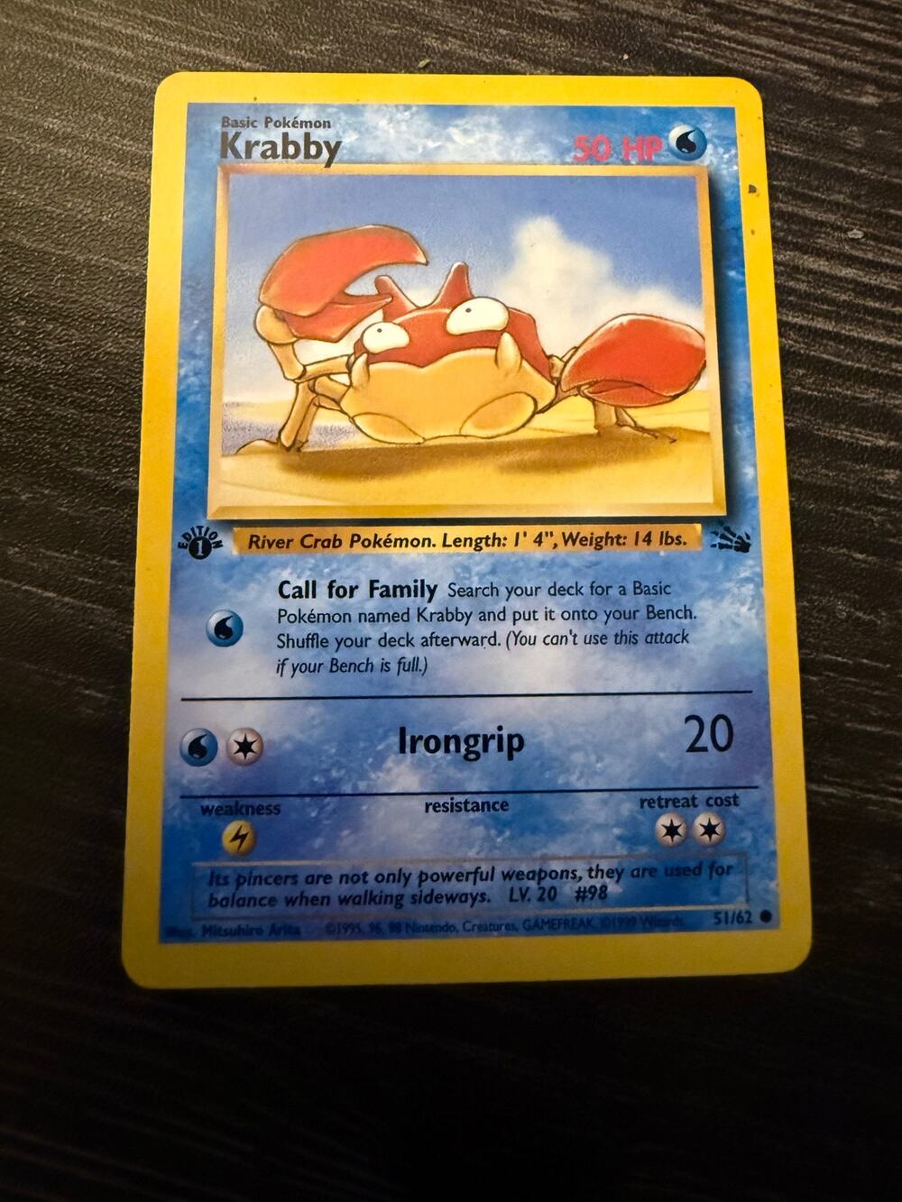 Pokémon Ungraded 1st Edition Krabby Card Classic 1999 Fossil Expansion Set